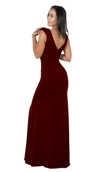 Sophisticated V-neck Plunging Neck Floor Length Sheath Cap Sleeves Back Zipper Illusion Open-Back Natural Waistline Jersey Sheath Dress With Ruffles