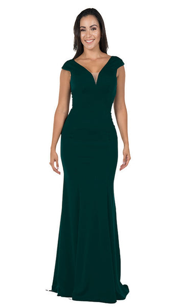 Sophisticated V-neck Plunging Neck Floor Length Jersey Natural Waistline Back Zipper Open-Back Illusion Cap Sleeves Sheath Sheath Dress With Ruffles