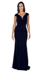 Sophisticated V-neck Jersey Back Zipper Open-Back Illusion Sheath Cap Sleeves Plunging Neck Floor Length Natural Waistline Sheath Dress With Ruffles