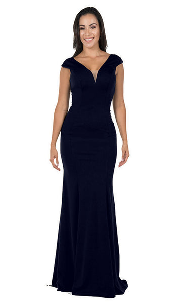 Sophisticated V-neck Cap Sleeves Jersey Sheath Plunging Neck Open-Back Back Zipper Illusion Floor Length Natural Waistline Sheath Dress With Ruffles