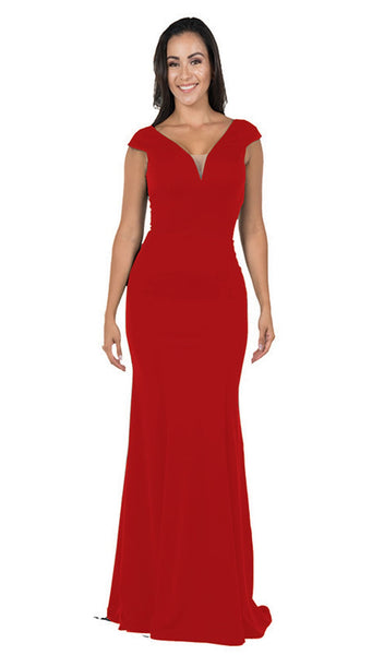 Sophisticated V-neck Sheath Floor Length Natural Waistline Back Zipper Open-Back Illusion Jersey Plunging Neck Cap Sleeves Sheath Dress With Ruffles