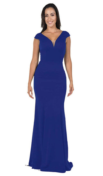 Sophisticated V-neck Cap Sleeves Floor Length Open-Back Illusion Back Zipper Jersey Natural Waistline Sheath Plunging Neck Sheath Dress With Ruffles