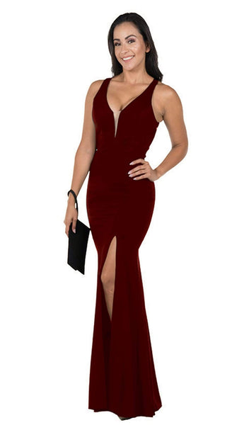 Sexy V-neck Natural Waistline Sleeveless Back Zipper Cutout Open-Back Slit Fitted Mermaid Floor Length Evening Dress/Pageant Dress/Prom Dress