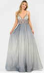 A-line V-neck Illusion Sheer Beaded Open-Back Pocketed Glittering Back Zipper Spaghetti Strap Floor Length Knit Natural Waistline Prom Dress