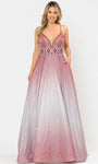 A-line V-neck Spaghetti Strap Floor Length Natural Waistline Open-Back Glittering Sheer Pocketed Back Zipper Beaded Illusion Knit Prom Dress