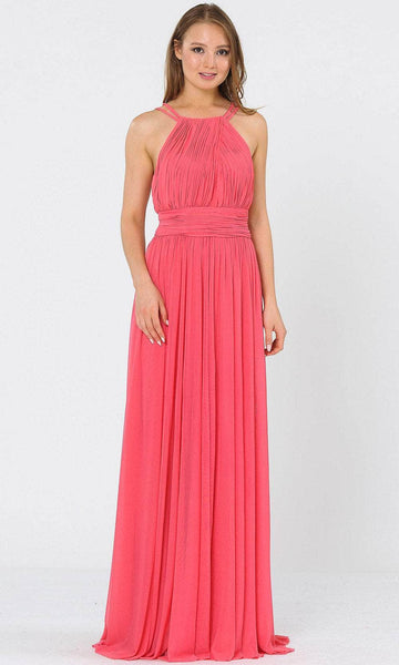 A-line Halter High-Neck Floor Length Fitted Ruched Back Zipper Mesh Sleeveless Spaghetti Strap Dress with a Brush/Sweep Train