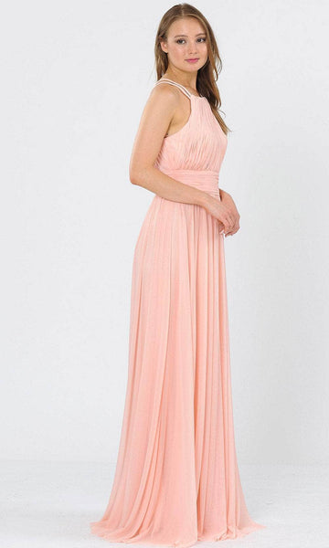 A-line Sleeveless Spaghetti Strap Halter High-Neck Floor Length Ruched Back Zipper Mesh Fitted Dress with a Brush/Sweep Train