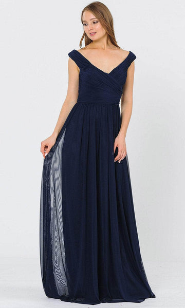 A-line V-neck Back Zipper V Back Ruched Mesh Fitted Off the Shoulder Sleeveless Natural Waistline Floor Length Polyester Dress with a Brush/Sweep Train