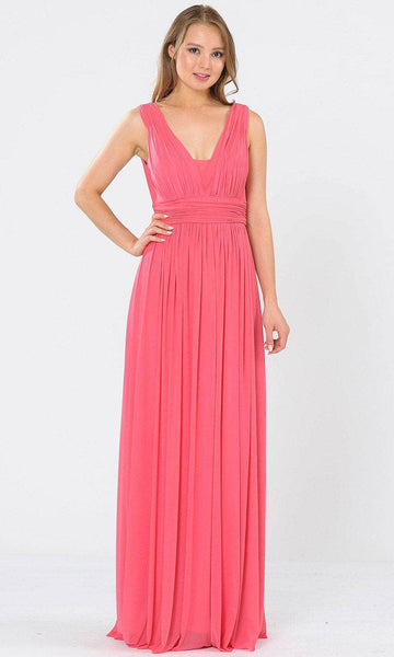 A-line V-neck Floor Length Polyester Empire Waistline Mesh Back Zipper Fitted V Back Ruched Sleeveless Sheath Sheath Dress with a Brush/Sweep Train