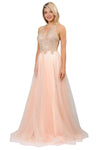 V-neck Natural Waistline Mesh Sheer Fitted Beaded Sleeveless Plunging Neck Evening Dress with a Brush/Sweep Train