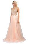 V-neck Plunging Neck Sleeveless Fitted Mesh Sheer Beaded Natural Waistline Evening Dress with a Brush/Sweep Train