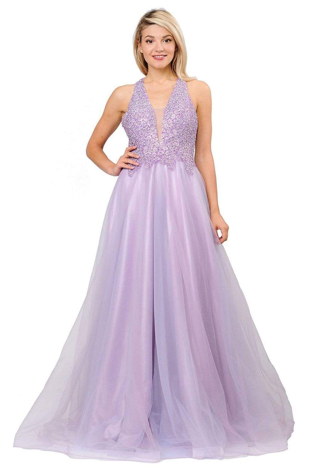 Poly USA - 8412 Beaded Deep V-neck Ballgown With Strappy Back
