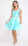 A-line Beaded Pocketed Lace-Up Jeweled Square Neck Cap Flutter Sleeves Short Natural Waistline Dress