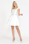 A-line Square Neck Short Natural Waistline Jeweled Pocketed Beaded Lace-Up Cap Flutter Sleeves Dress