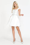 A-line Short Square Neck Natural Waistline Cap Flutter Sleeves Jeweled Lace-Up Pocketed Beaded Dress