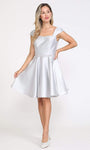 A-line Short Square Neck Natural Waistline Jeweled Pocketed Lace-Up Beaded Cap Flutter Sleeves Dress