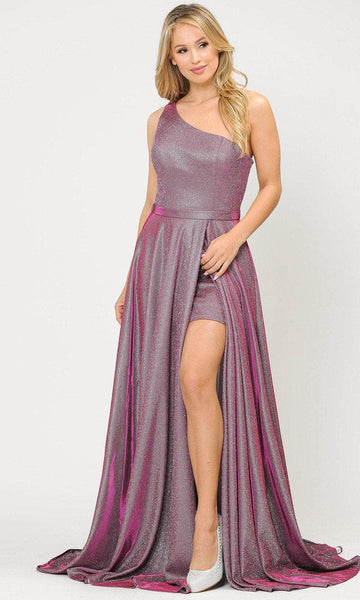 Tall A-line One Shoulder Sleeveless Natural Waistline Short Fitted Slit Back Zipper Open-Back Pocketed Asymmetric Glittering Dress with a Brush/Sweep Train