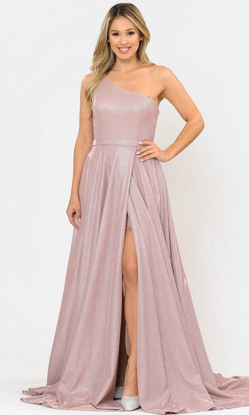 Tall A-line Short Fitted Asymmetric Pocketed Open-Back Back Zipper Glittering Slit Natural Waistline One Shoulder Sleeveless Dress with a Brush/Sweep Train