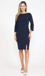 Above the Knee Jeweled Neck Jersey Sheath Natural Waistline Fitted Back Zipper Slit Sheath Dress