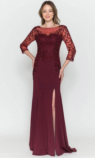 Sophisticated Jersey Natural Waistline Back Zipper Fitted Beaded Slit Illusion Mermaid Bateau Neck Sweetheart 3/4 Sleeves Evening Dress with a Brush/Sweep Train