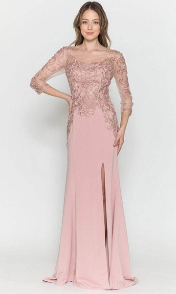 Sophisticated Jersey Bateau Neck Sweetheart Mermaid 3/4 Sleeves Natural Waistline Illusion Slit Beaded Fitted Back Zipper Evening Dress with a Brush/Sweep Train