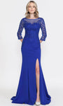 Sophisticated Fitted Slit Back Zipper Beaded Illusion Jersey Bateau Neck Sweetheart 3/4 Sleeves Mermaid Natural Waistline Evening Dress with a Brush/Sweep Train