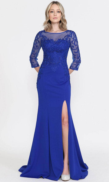Sophisticated Jersey 3/4 Sleeves Natural Waistline Bateau Neck Sweetheart Back Zipper Slit Illusion Beaded Fitted Mermaid Evening Dress with a Brush/Sweep Train