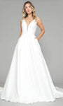 A-line V-neck Floor Length Sheer Applique Sleeveless Lace Natural Waistline Wedding Dress with a Brush/Sweep Train