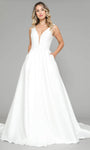 A-line V-neck Natural Waistline Floor Length Lace Sleeveless Applique Sheer Wedding Dress with a Brush/Sweep Train