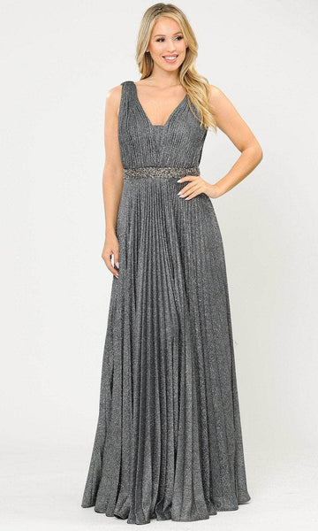 Tall A-line V-neck Natural Waistline Floor Length Open-Back Accordion Pleated Back Zipper Ruched Fitted Beaded V Back Glittering Sleeveless Dress