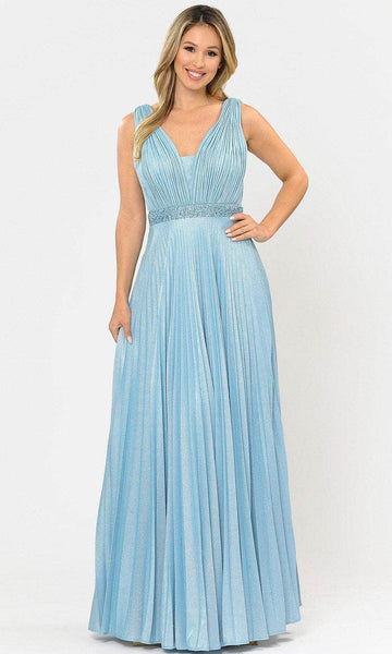 Tall A-line V-neck Floor Length Natural Waistline Sleeveless Ruched Open-Back Beaded Pleated Fitted Back Zipper V Back Accordion Glittering Dress