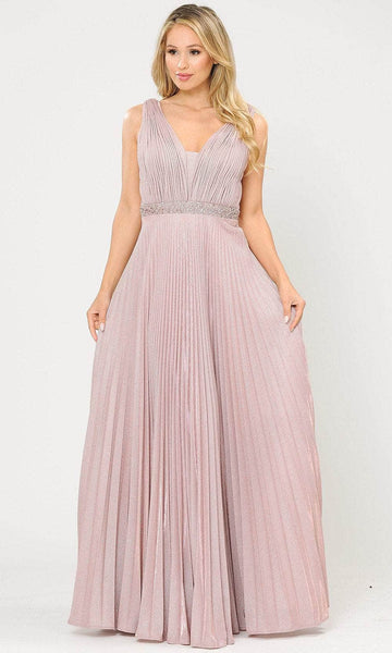 Tall A-line V-neck Pleated Accordion Open-Back Beaded Ruched Fitted Glittering V Back Back Zipper Natural Waistline Sleeveless Floor Length Dress