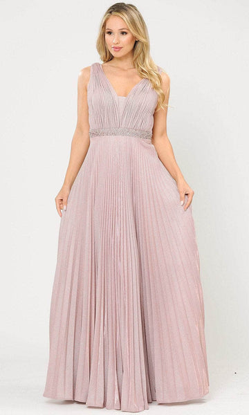 Tall A-line V-neck Floor Length Sleeveless Back Zipper Beaded Open-Back Pleated V Back Accordion Ruched Fitted Glittering Natural Waistline Dress