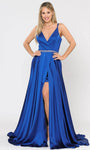 A-line V-neck Sleeveless Spaghetti Strap Open-Back Pocketed Slit Beaded Satin Plunging Neck Prom Dress with a Court Train by Poly Usa
