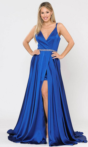 A-line V-neck Back Zipper Beaded Slit Open-Back Pocketed Plunging Neck Floor Length Natural Waistline Satin Sleeveless Spaghetti Strap Prom Dress with a Court Train