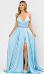 A-line V-neck Floor Length Satin Plunging Neck Sleeveless Spaghetti Strap Back Zipper Beaded Slit Pocketed Open-Back Natural Waistline Prom Dress with a Court Train