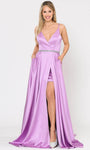 A-line V-neck Natural Waistline Plunging Neck Floor Length Satin Slit Open-Back Beaded Back Zipper Pocketed Sleeveless Spaghetti Strap Prom Dress with a Court Train