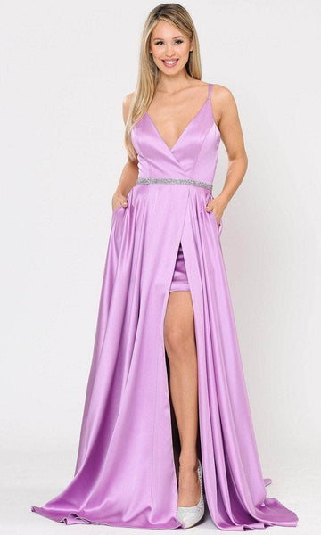 A-line V-neck Sleeveless Spaghetti Strap Slit Pocketed Beaded Back Zipper Open-Back Satin Plunging Neck Floor Length Natural Waistline Prom Dress with a Court Train