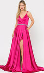 A-line V-neck Floor Length Satin Plunging Neck Natural Waistline Sleeveless Spaghetti Strap Pocketed Open-Back Beaded Slit Back Zipper Prom Dress with a Court Train
