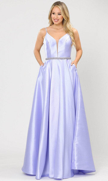 A-line V-neck Back Zipper Belted Pocketed V Back Open-Back Sleeveless Spaghetti Strap Polyester Natural Waistline Dress with a Brush/Sweep Train With Rhinestones