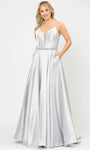 A-line V-neck Polyester Natural Waistline Sleeveless Spaghetti Strap Belted Open-Back Back Zipper V Back Pocketed Dress with a Brush/Sweep Train With Rhinestones