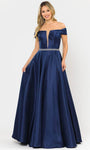 A-line V-neck Back Zipper Belted Mesh Pocketed Wrap Fitted Floor Length Off the Shoulder Natural Waistline Evening Dress with a Brush/Sweep Train With Rhinestones