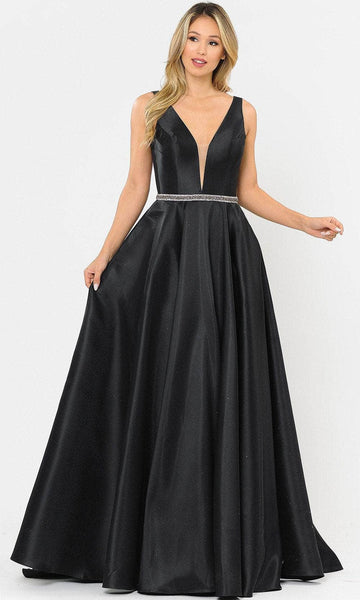 A-line V-neck Polyester Sleeveless Natural Waistline Beaded Back Zipper V Back Belted Pocketed Sheer Dress with a Brush/Sweep Train With Rhinestones