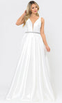 A-line V-neck Natural Waistline Polyester Beaded V Back Belted Sheer Back Zipper Pocketed Sleeveless Dress with a Brush/Sweep Train With Rhinestones