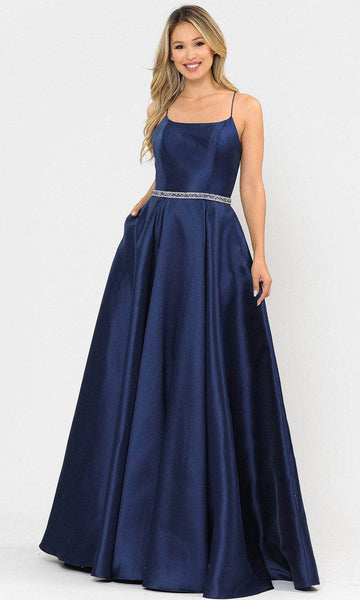 A-line Straight Neck Natural Waistline Lace-Up Back Zipper Pocketed Open-Back Belted Sleeveless Spaghetti Strap Evening Dress with a Brush/Sweep Train With Rhinestones