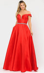 A-line Satin Off the Shoulder Notched Collar Sweetheart Natural Waistline Mesh Back Zipper Belted Pocketed Dress with a Brush/Sweep Train With Rhinestones