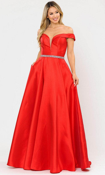 A-line Back Zipper Belted Mesh Pocketed Notched Collar Sweetheart Natural Waistline Satin Off the Shoulder Dress with a Brush/Sweep Train With Rhinestones