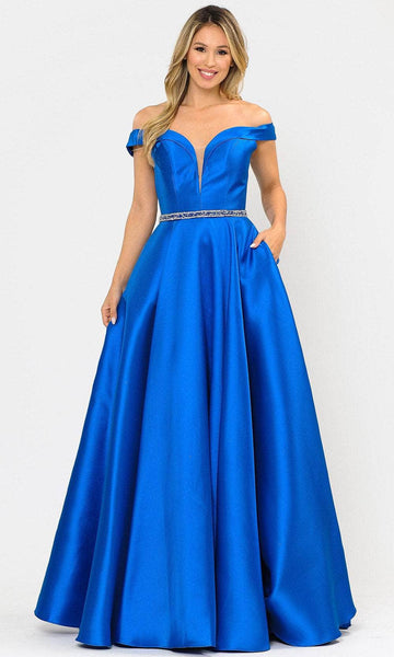 A-line Natural Waistline Pocketed Back Zipper Belted Mesh Satin Off the Shoulder Notched Collar Sweetheart Dress with a Brush/Sweep Train With Rhinestones