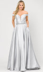 A-line Notched Collar Sweetheart Natural Waistline Off the Shoulder Satin Back Zipper Mesh Belted Pocketed Dress with a Brush/Sweep Train With Rhinestones