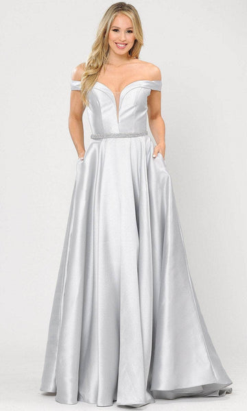 A-line Notched Collar Sweetheart Satin Natural Waistline Off the Shoulder Pocketed Back Zipper Mesh Belted Dress with a Brush/Sweep Train With Rhinestones